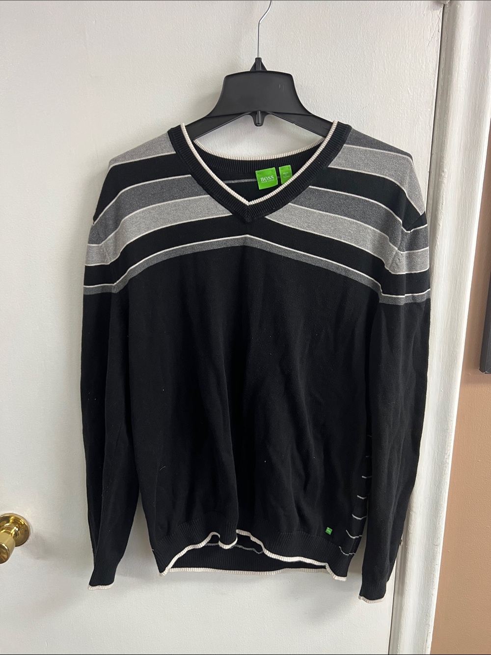 Hugo Boss Black V-Neck Sweater with Gray Stripes size XL (would say more like L)